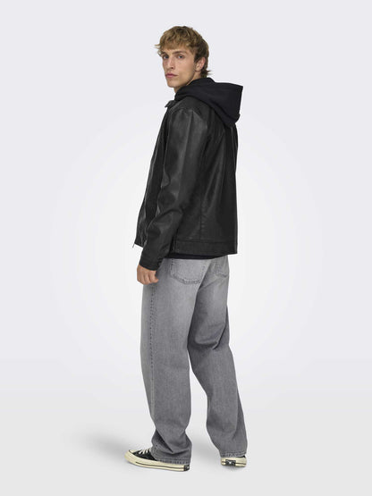 Only & Sons Onsmike, giubbotto casual da uomo nero con zip e bottoni