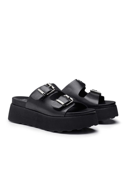 Cult Janis, sandali platform neri da donna con fibbie metalliche
