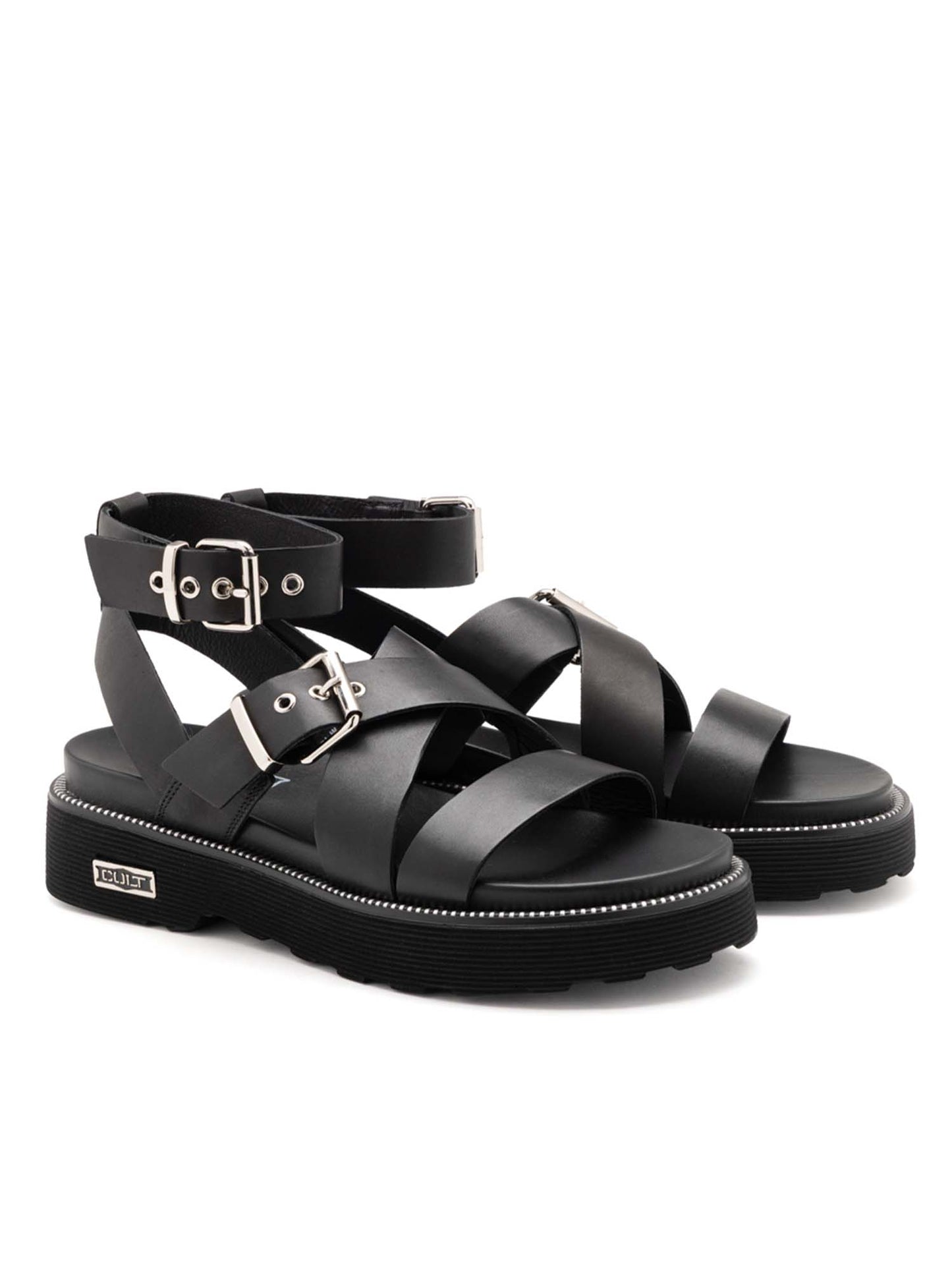 Cult Ziggy, sandali platform neri da donna con impuntura metallica