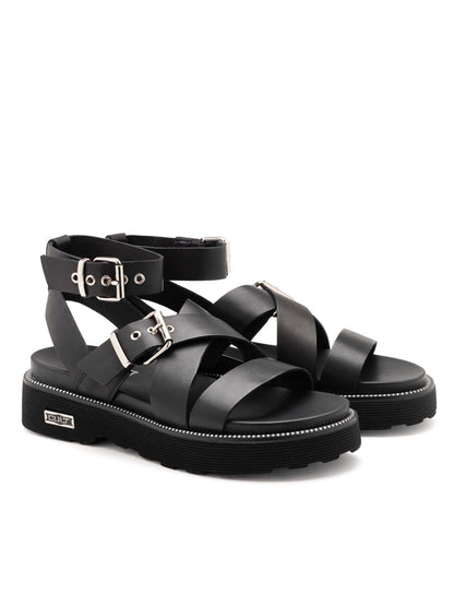 Cult Ziggy, sandali platform neri da donna con impuntura metallica