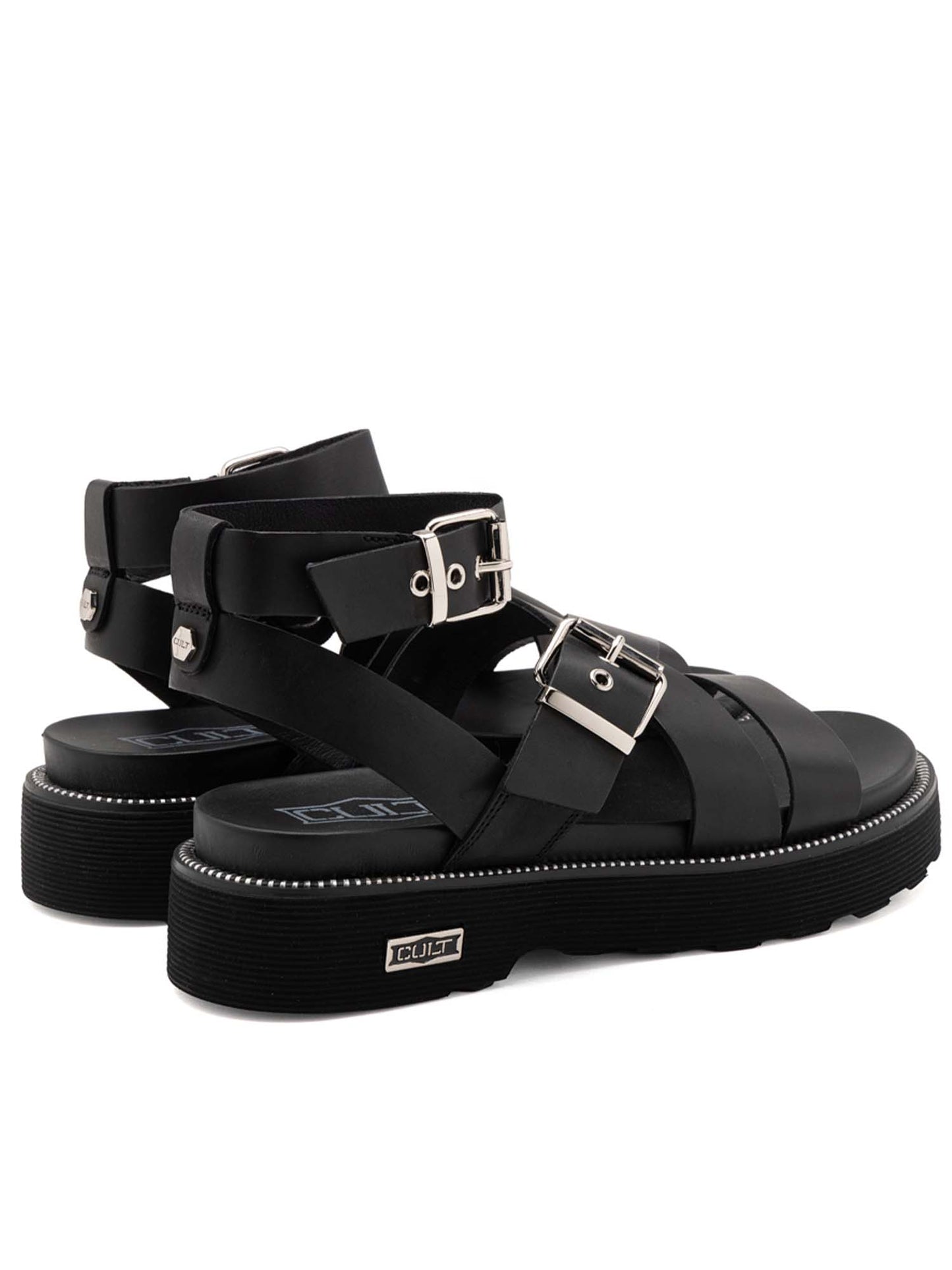 Cult Ziggy, sandali platform neri da donna con impuntura metallica