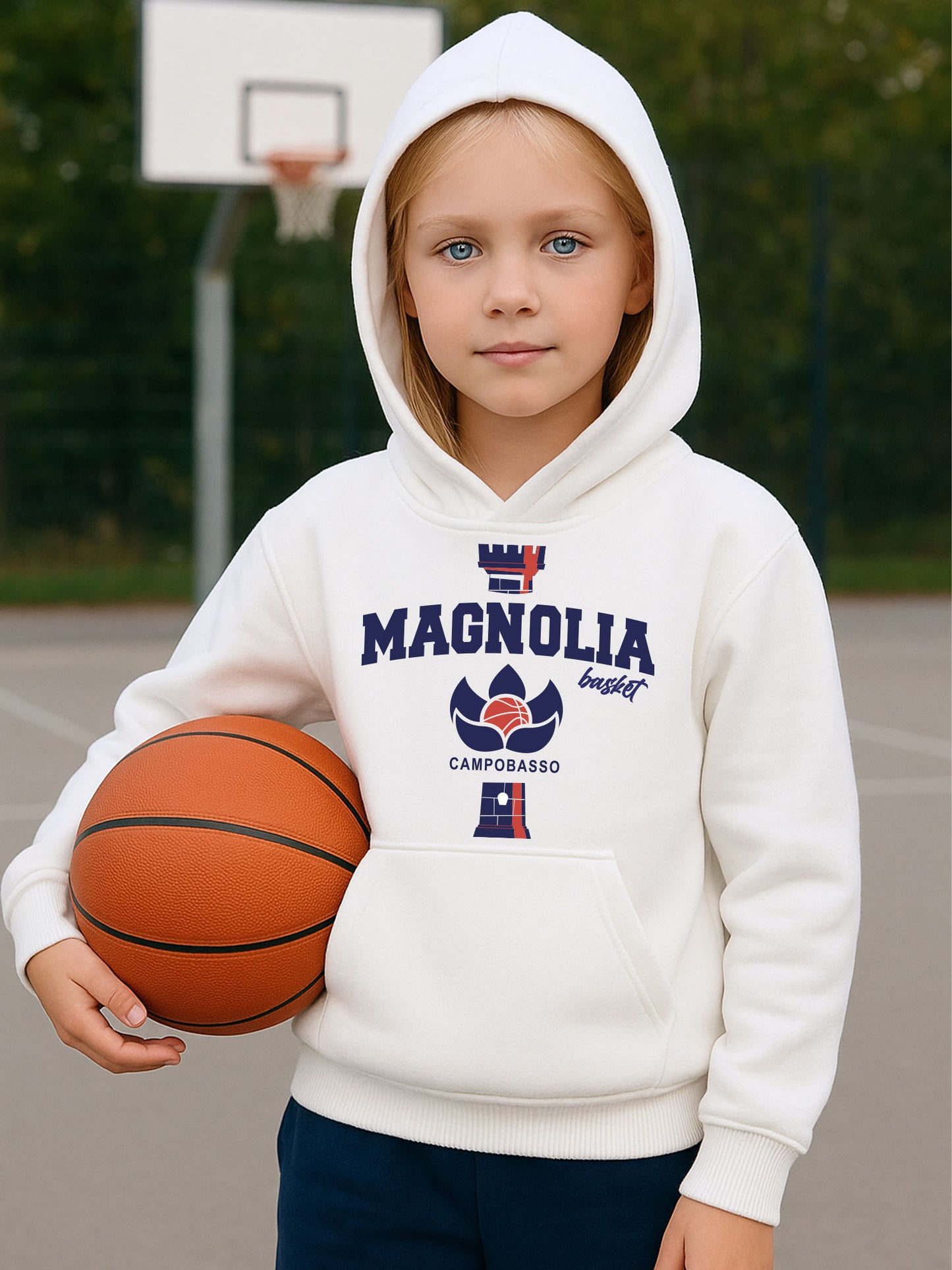 FELPA con CAPPUCCIO MAGNOLIA BASKET BIMBA/O BIANCO