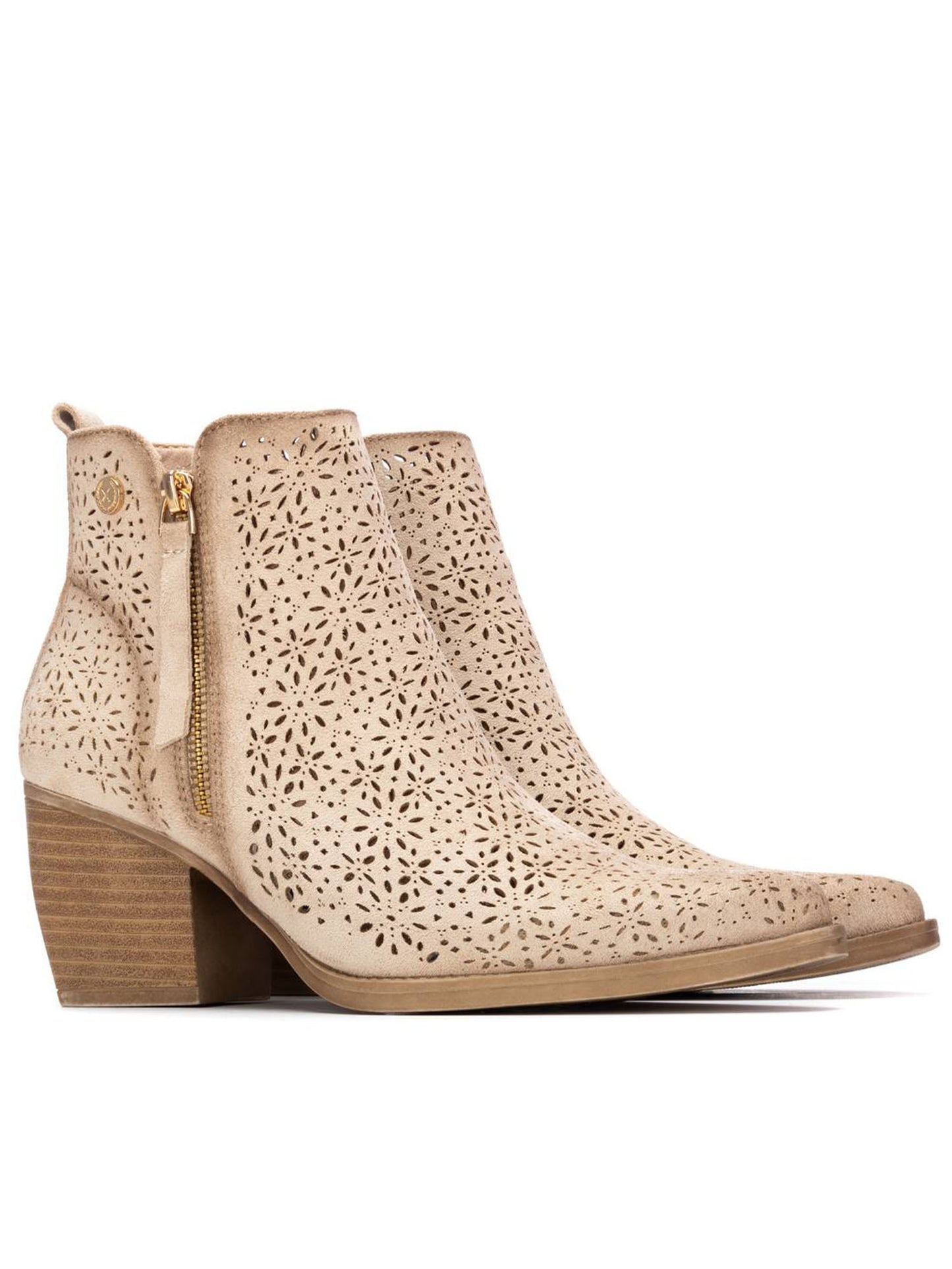 Stivaletti donna Xti beige con dettaglio floreale e doppia zip