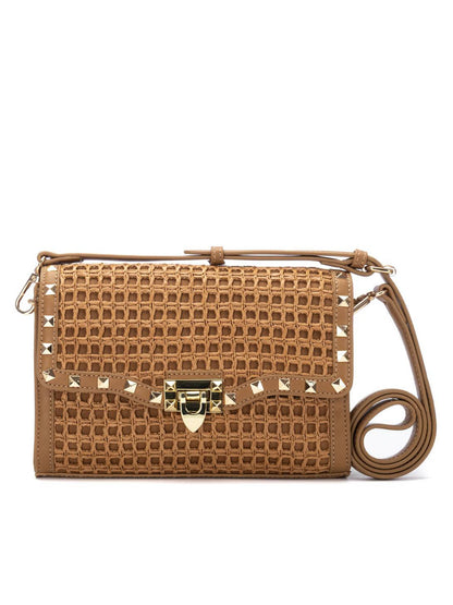 Borsa a tracolla Xti in rafia beige con borchie oro