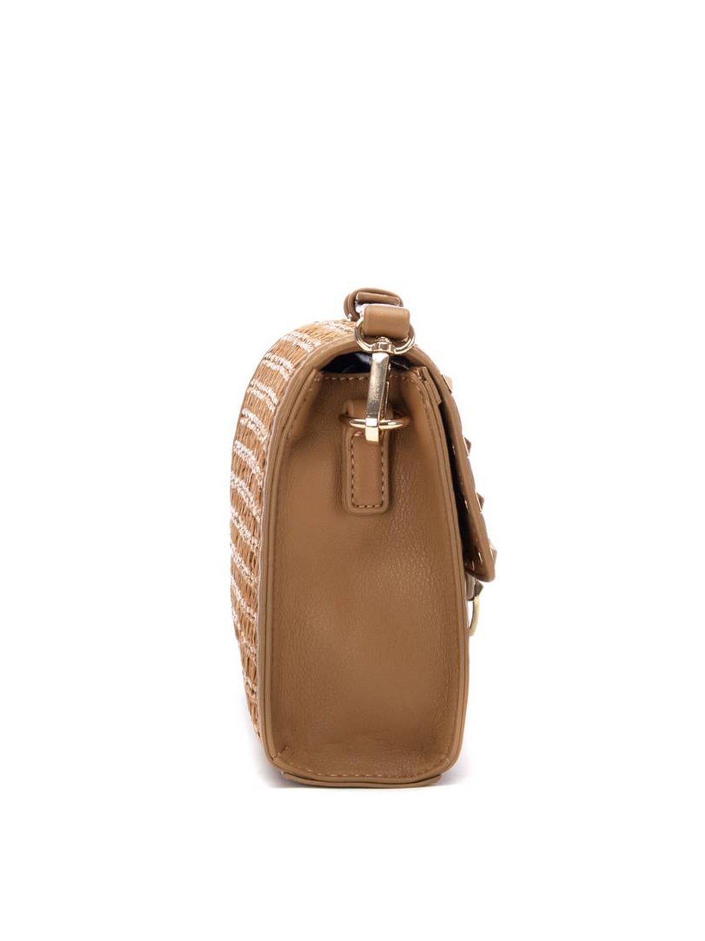 Borsa a tracolla Xti in rafia beige con borchie oro