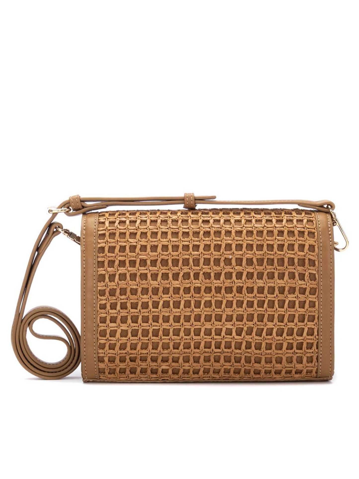 Borsa a tracolla Xti in rafia beige con borchie oro
