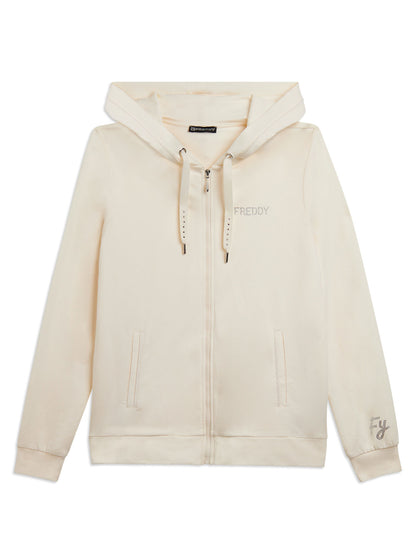 Freddy College Luxe, felpa donna color crema con zip e cappuccio