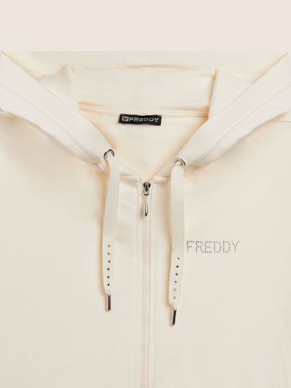 Freddy College Luxe, felpa donna color crema con zip e cappuccio