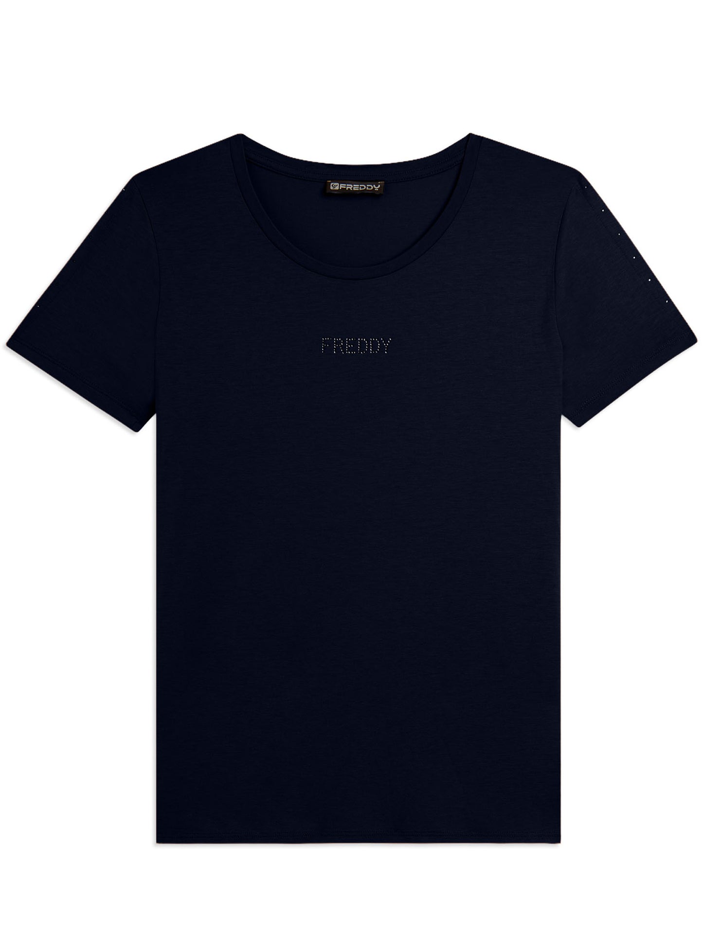 Freddy College Luxe, t-shirt donna blu con eleganti strass e cut-out