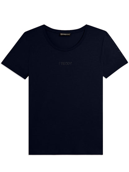 Freddy College Luxe, t-shirt donna blu con eleganti strass e cut-out