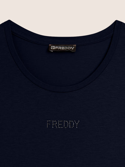 Freddy College Luxe, t-shirt donna blu con eleganti strass e cut-out
