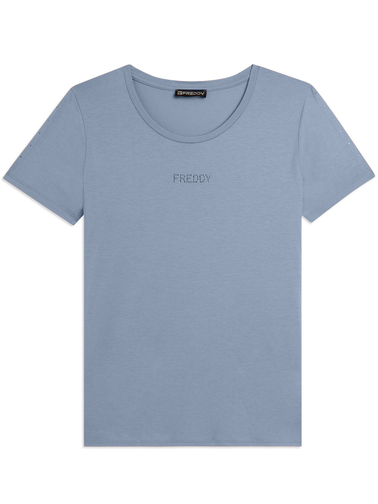 Freddy College Luxe, t-shirt azzurra da donna con strass raffinati