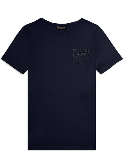 Freddy College Luxe, t-shirt donna blu con strass sul cuore
