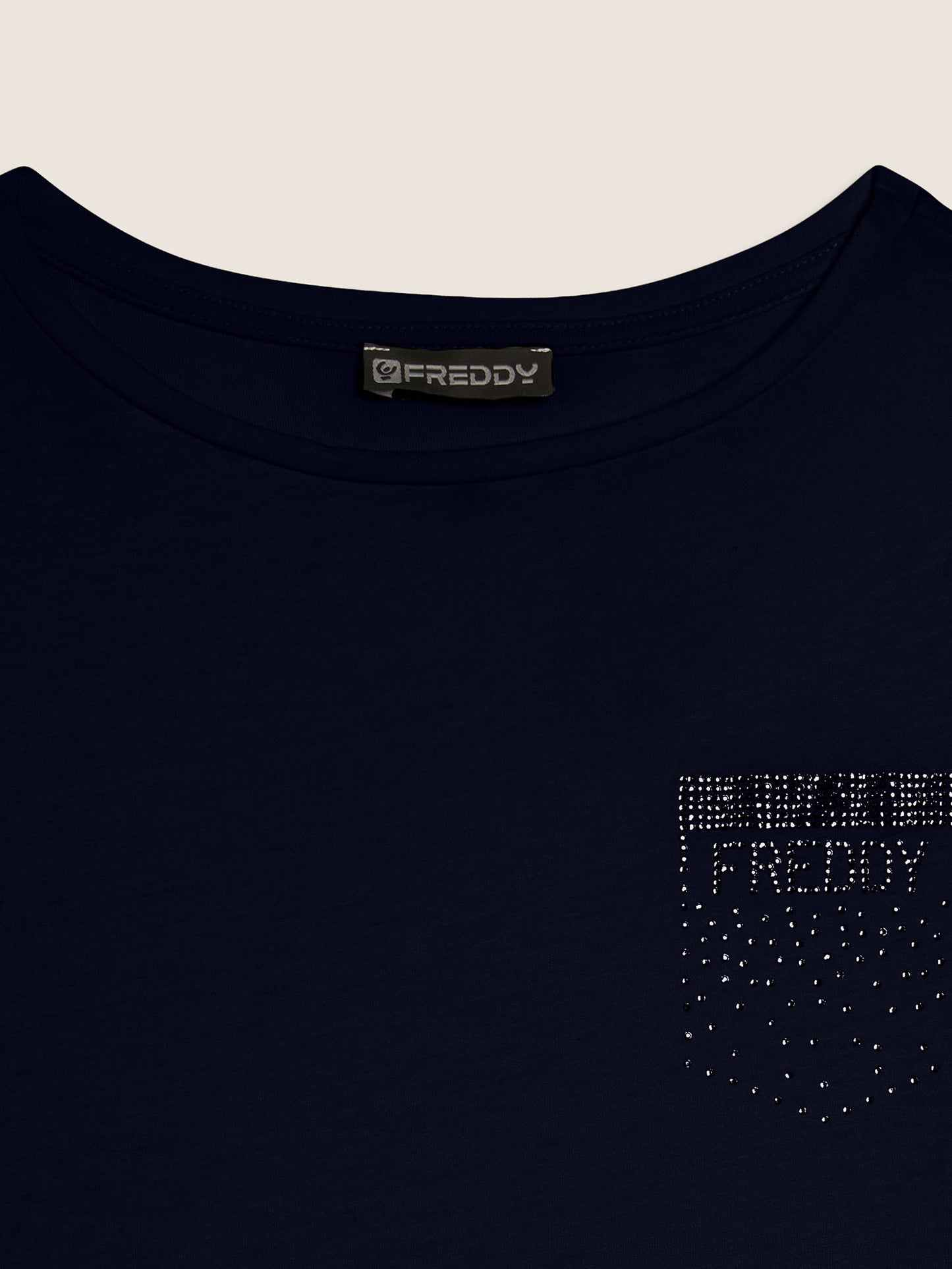 Freddy College Luxe, t-shirt donna blu con strass sul cuore