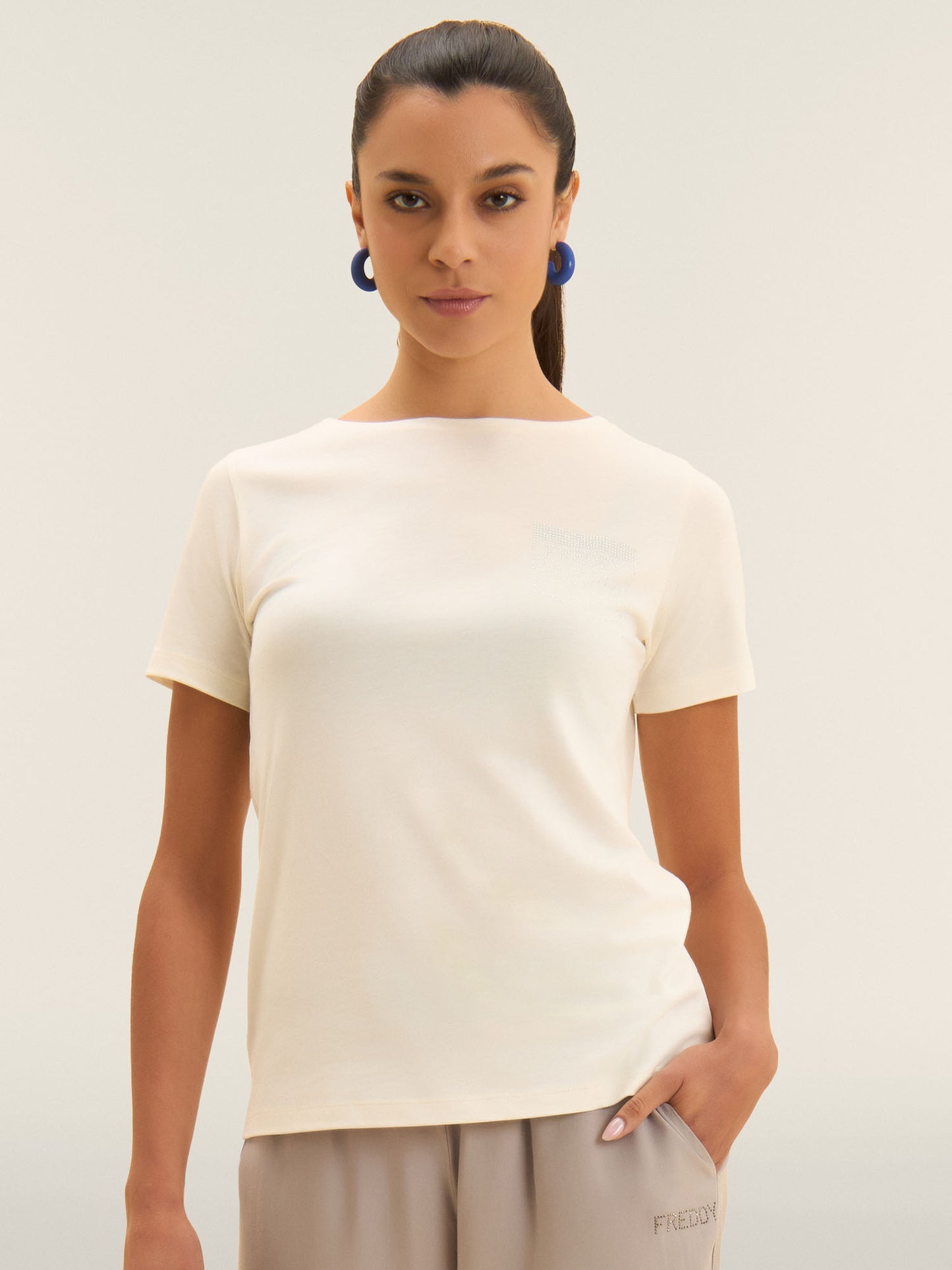 Freddy College Luxe, t-shirt donna crema a maniche corte con strass