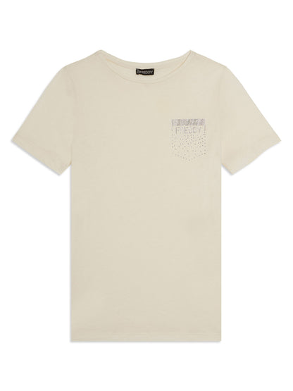 Freddy College Luxe, t-shirt donna crema a maniche corte con strass