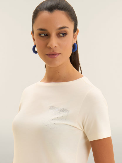 Freddy College Luxe, t-shirt donna crema a maniche corte con strass