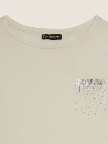 Freddy College Luxe, t-shirt donna crema a maniche corte con strass