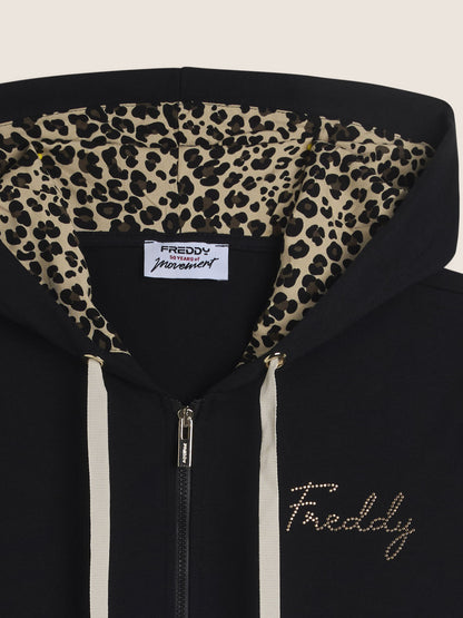 Felpa con zip Freddy Slounge da Donna nera con dettagli animalier