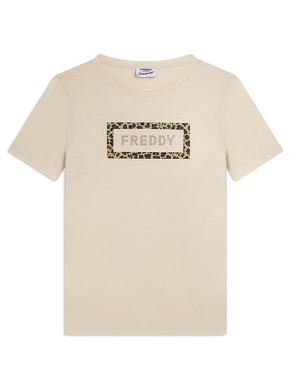 Freddy Slounge, t-shirt donna beige con logo e grafica animalier