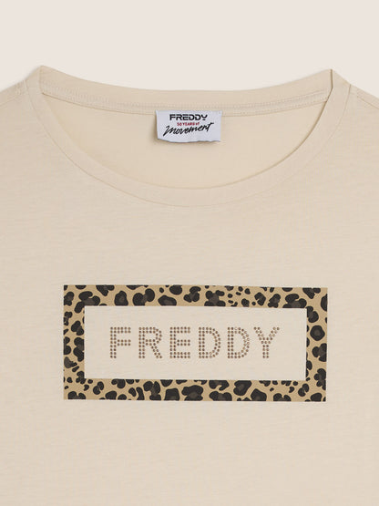 Freddy Slounge, t-shirt donna beige con logo e grafica animalier