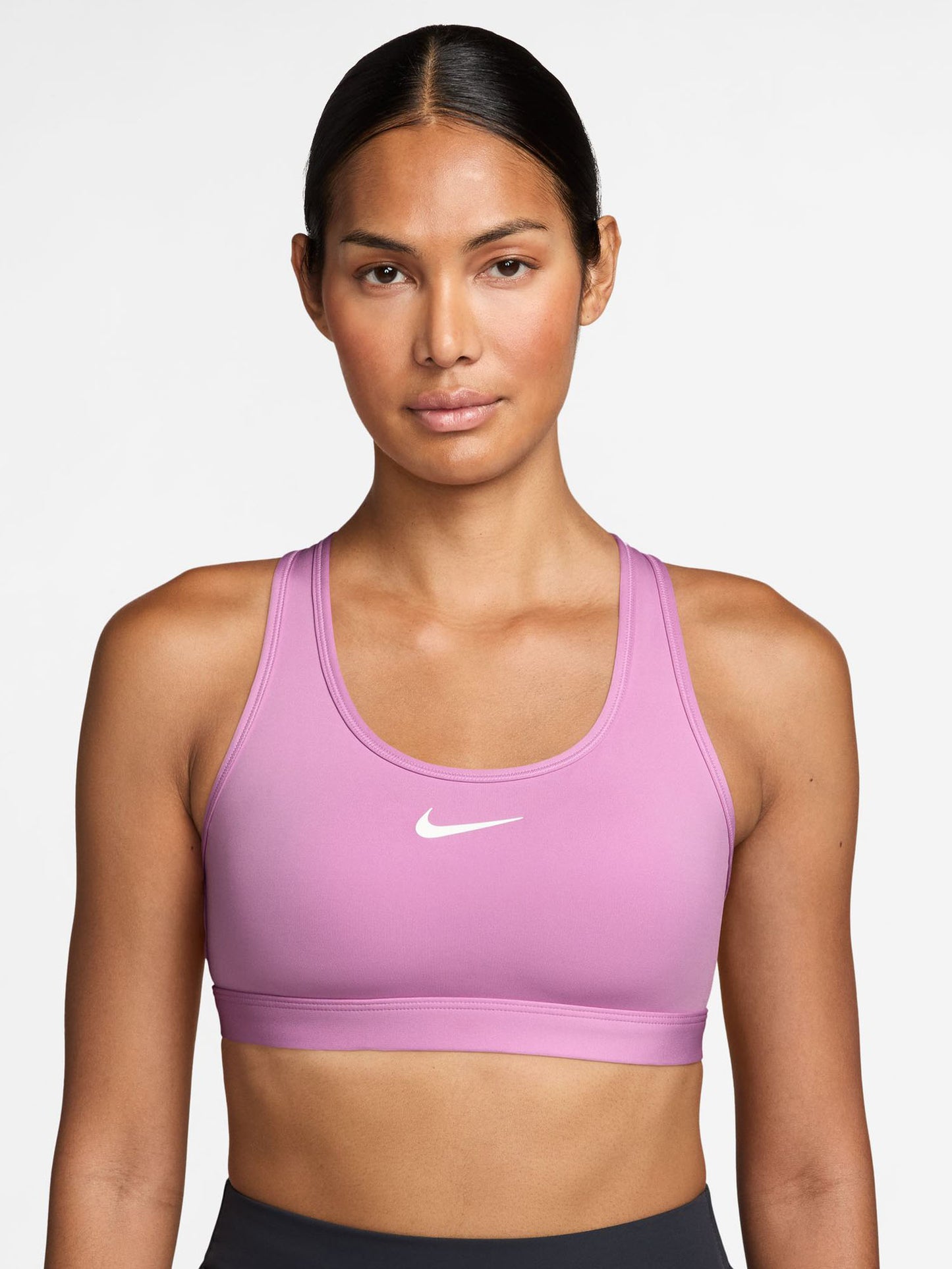 Nike Swoosh, canotta sportiva donna fucsia con supporto medio
