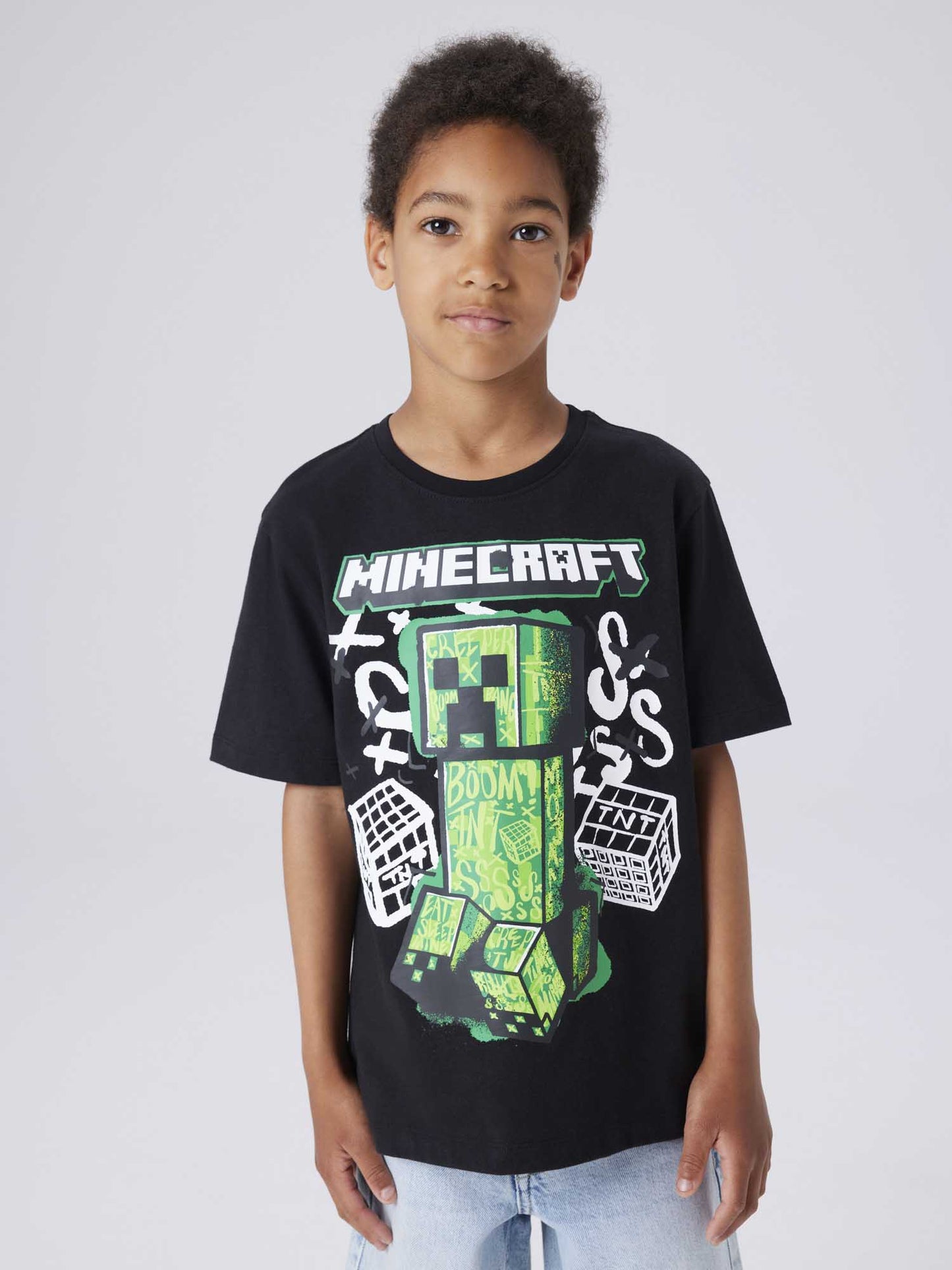 T-shirt unisex bambino con stampa Minecraft nera maniche corte