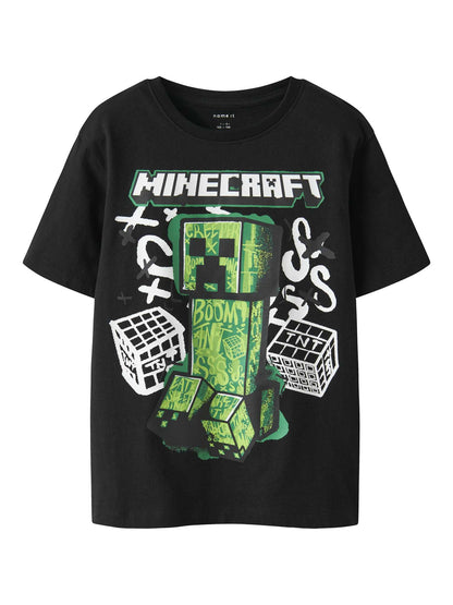 T-shirt unisex bambino con stampa Minecraft nera maniche corte