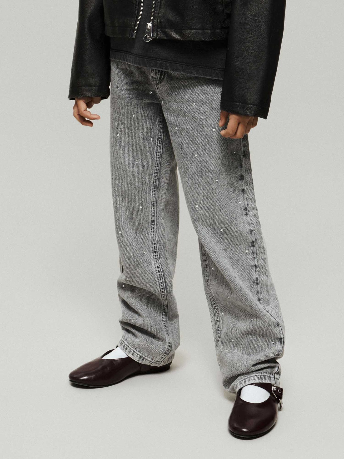 Jeans straight leg unisex bambino in morbido tessuto grigio
