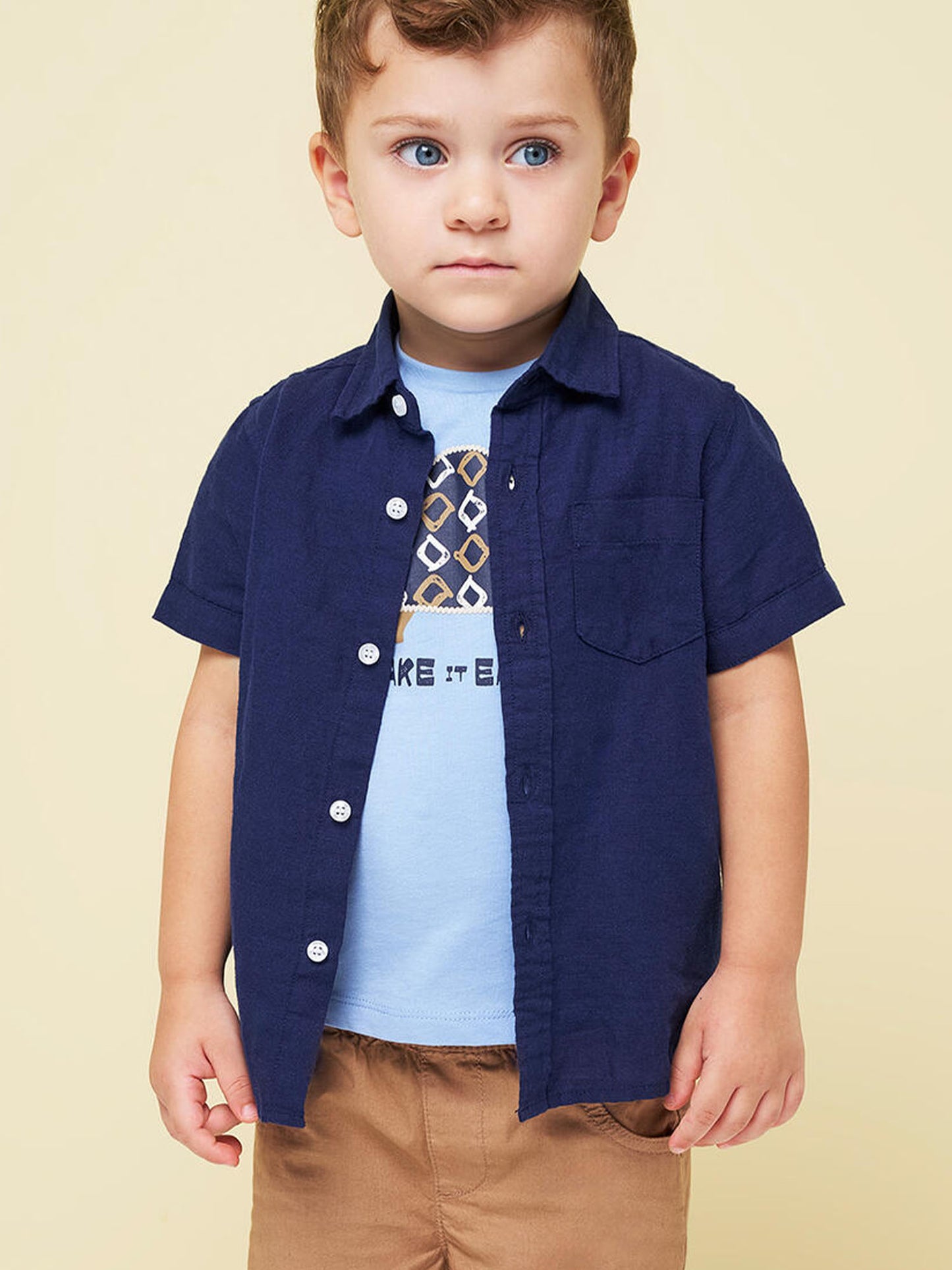 Ido camicia unisex bambino in lino e cotone blu