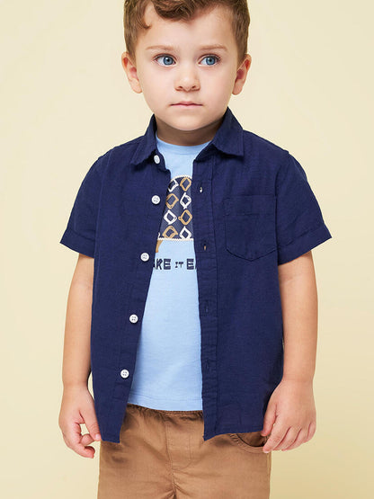 Ido camicia unisex bambino in lino e cotone blu