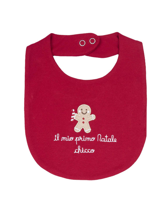 BAVETTA NATALE CON RICAMO CHICCO DA BIMBA ROSSO