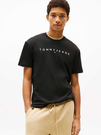 T-shirt nera Tommy Jeans da uomo con logo lineare ricamato