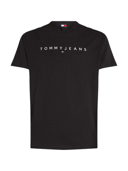 T-shirt nera Tommy Jeans da uomo con logo lineare ricamato