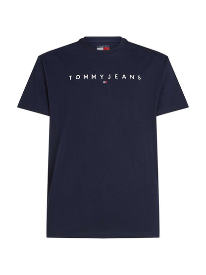 T-shirt blu Tommy Jeans da uomo con logo lineare e girocollo