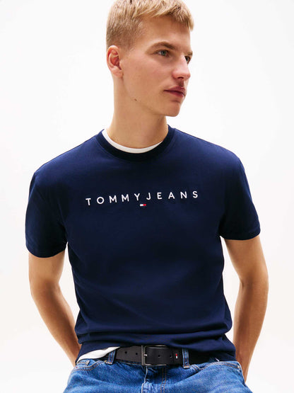 T-shirt blu Tommy Jeans da uomo con logo lineare e girocollo