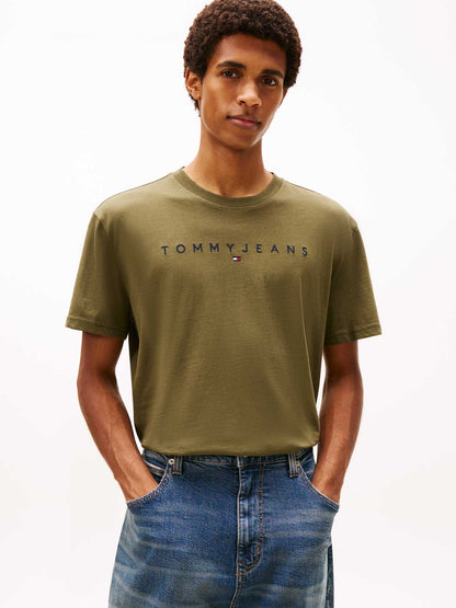 T-shirt verde Tommy Jeans con logo lineare da uomo