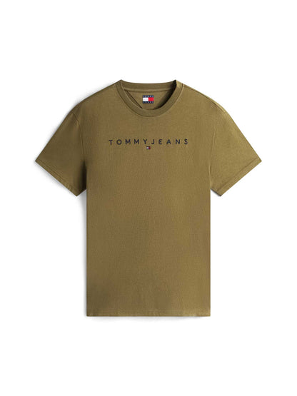 T-shirt verde Tommy Jeans con logo lineare da uomo