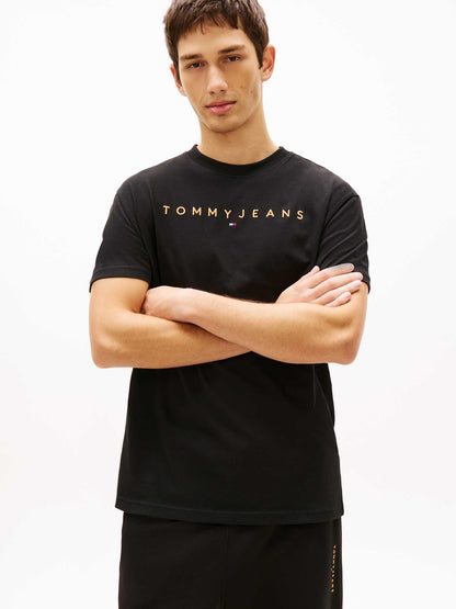 T-shirt nero Tommy Jeans da uomo con logo lineare ricamato