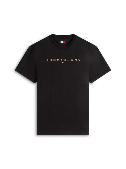 T-shirt nero Tommy Jeans da uomo con logo lineare ricamato