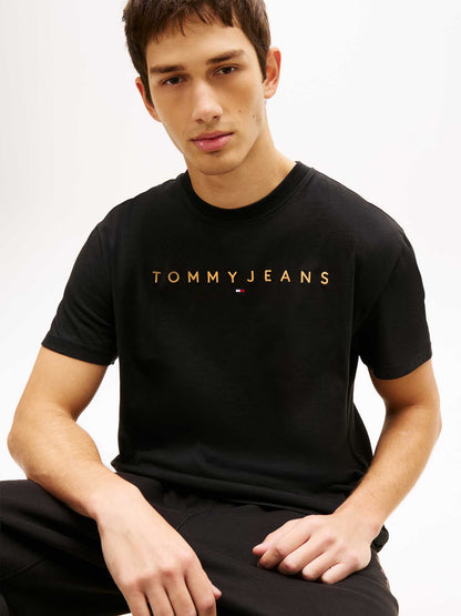 T-shirt nero Tommy Jeans da uomo con logo lineare ricamato