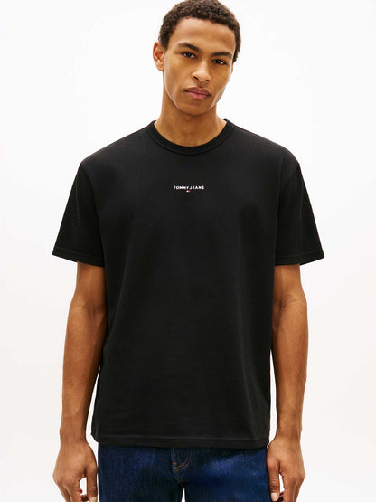T-shirt Tommy Jeans a costine nera da uomo con logo ricamato