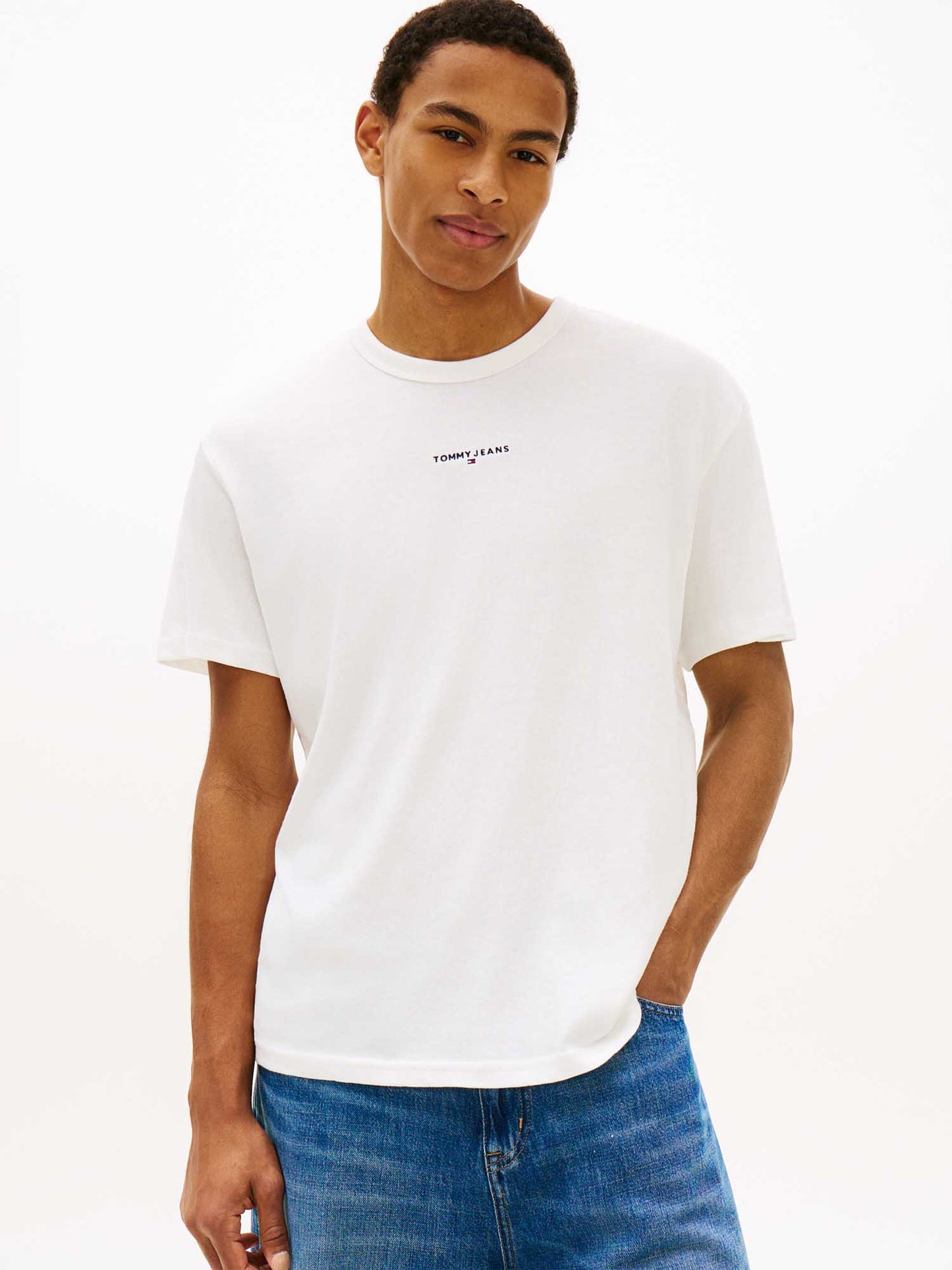 T-shirt bianca a costine Tommy Jeans da uomo con logo ricamato