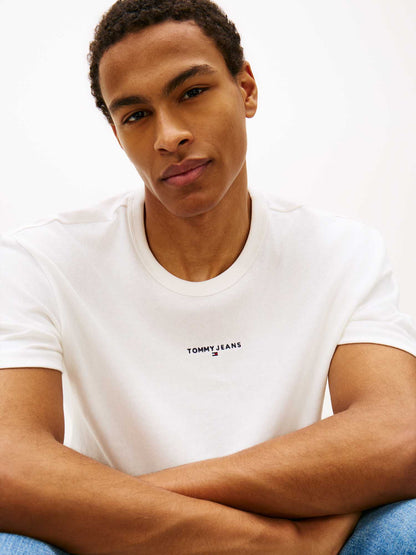 T-shirt bianca a costine Tommy Jeans da uomo con logo ricamato