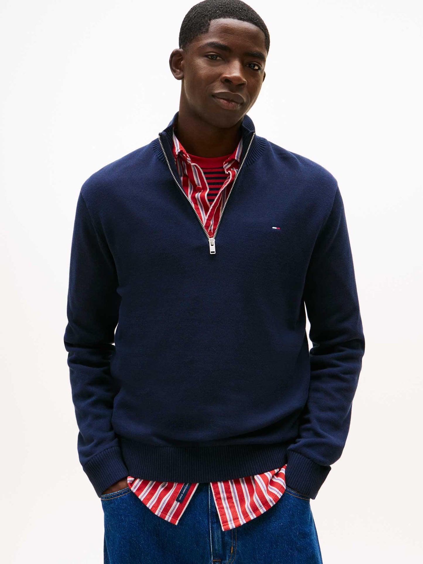 Pullover blu Tommy Jeans da uomo con collo mezza zip slim