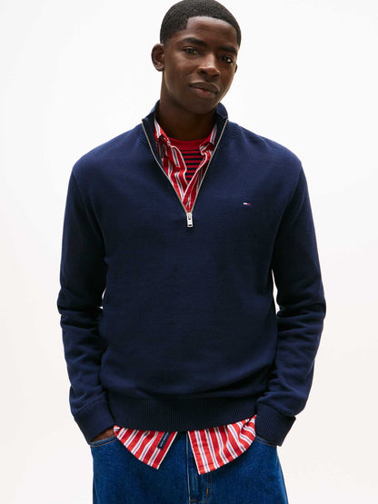 Pullover blu Tommy Jeans da uomo con collo mezza zip slim