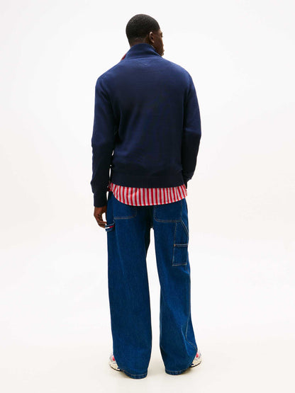 Pullover blu Tommy Jeans da uomo con collo mezza zip slim