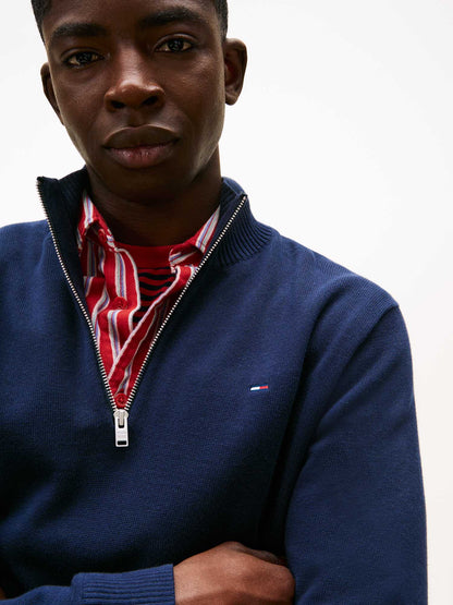 Pullover blu Tommy Jeans da uomo con collo mezza zip slim