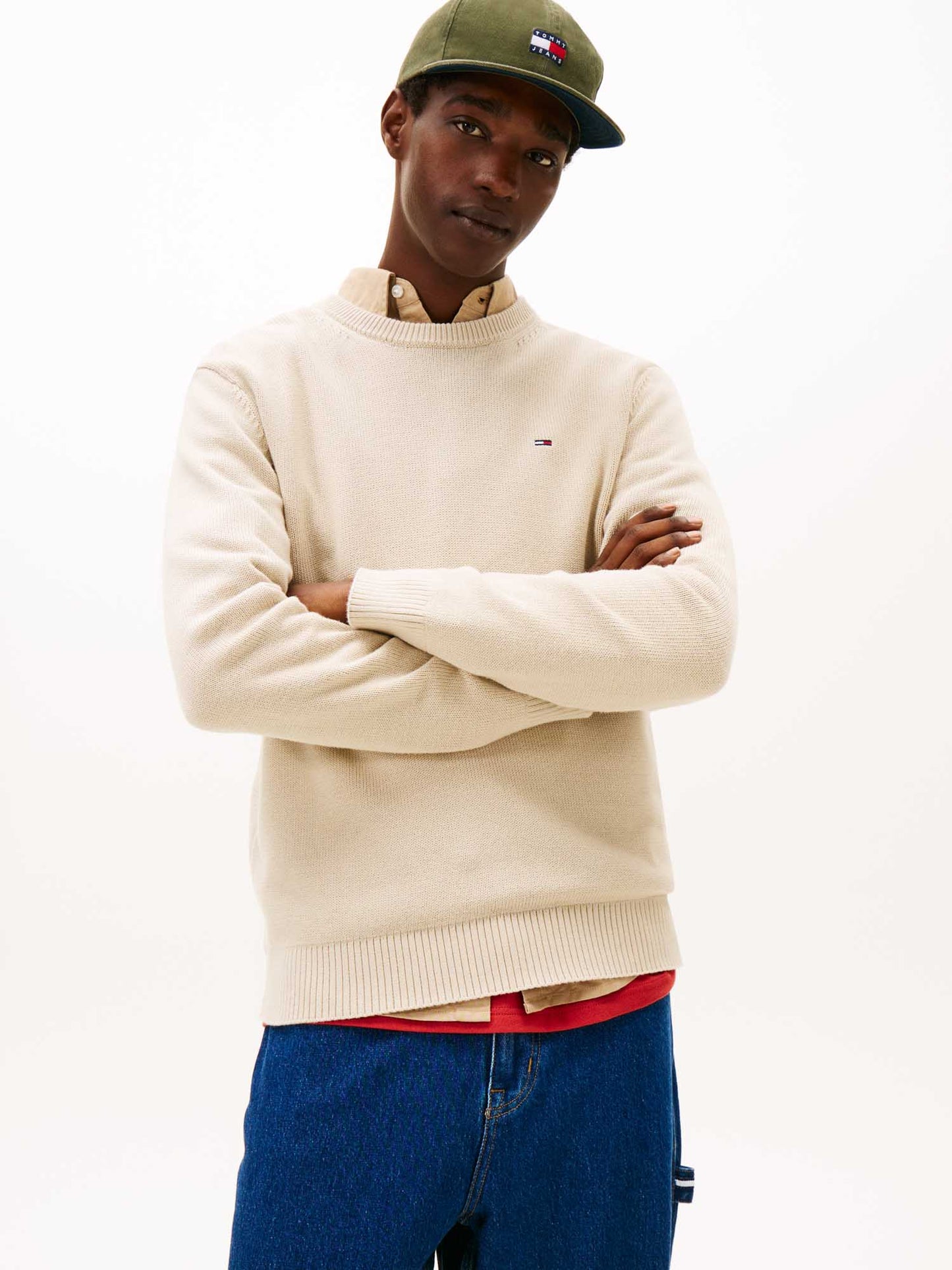 Maglione Tommy Jeans Essential Logo crema da uomo con girocollo