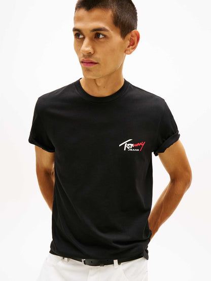 T-shirt nera Tommy Jeans da uomo con logo stampato e vestibilità regular